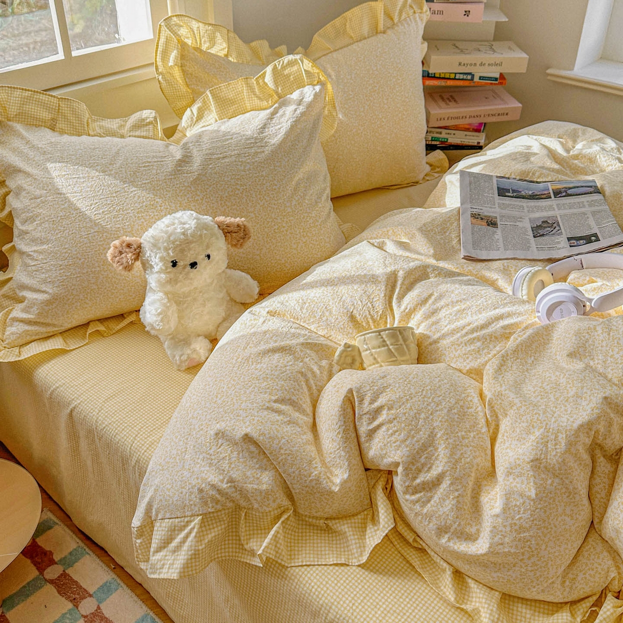 91家纺网 家纺一手货源 找家纺 金梦拉家纺 2026春夏韩版花边款小碎花古法水洗仿棉A类砂洗云小棉四件套 柠檬奶黄