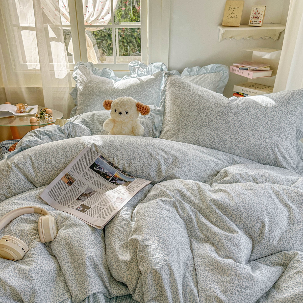 91家纺网 家纺一手货源 找家纺 金梦拉家纺 2026春夏韩版花边款小碎花古法水洗仿棉A类砂洗云小棉四件套 海盐奶蓝