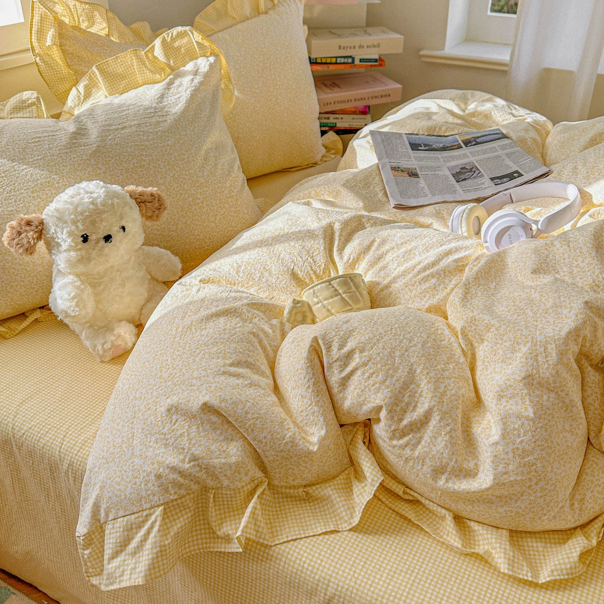 91家纺网 家纺一手货源 找家纺 金梦拉家纺 2026春夏韩版花边款小碎花古法水洗仿棉A类砂洗云小棉四件套 柠檬奶黄