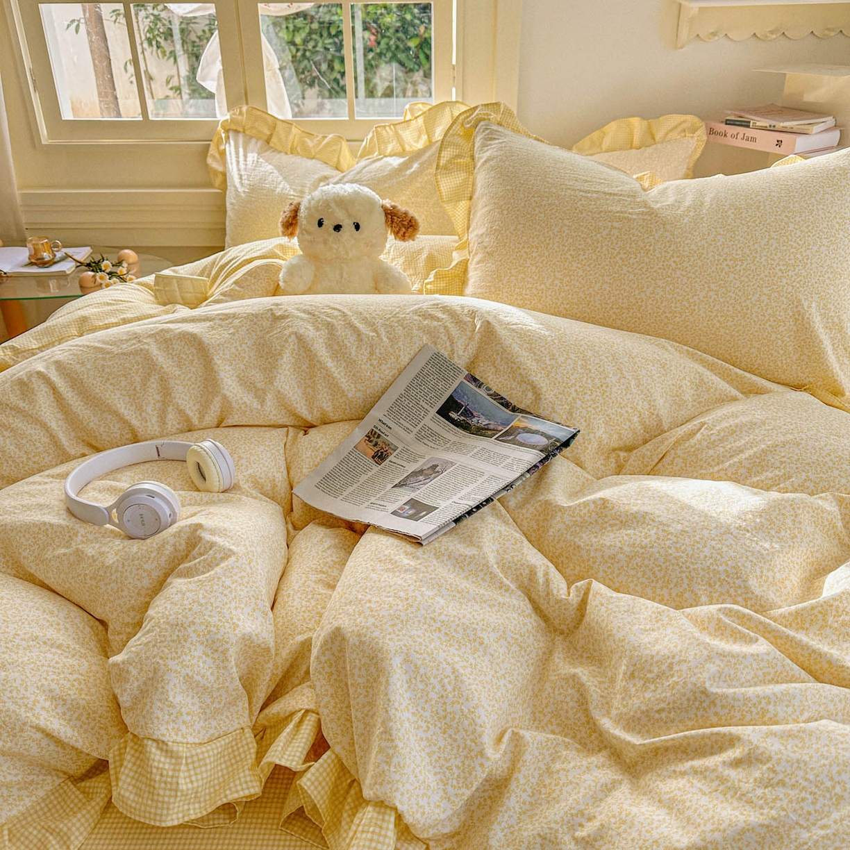 91家纺网 家纺一手货源 找家纺 金梦拉家纺 2026春夏韩版花边款小碎花古法水洗仿棉A类砂洗云小棉四件套 柠檬奶黄