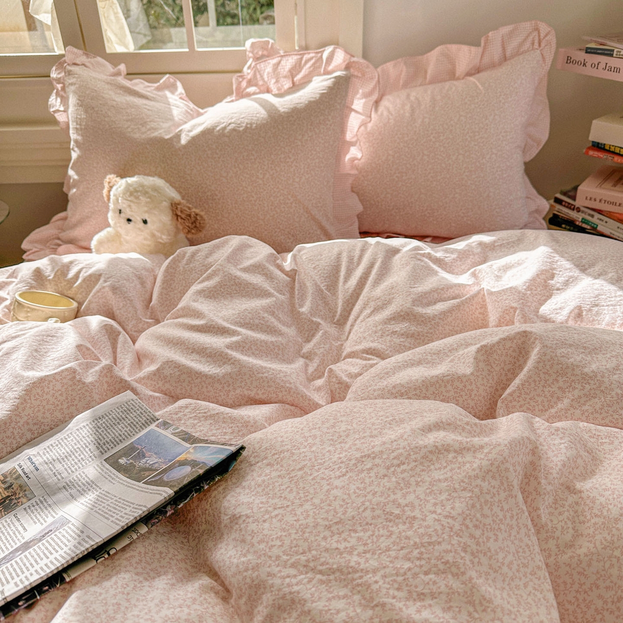 91家纺网 家纺一手货源 找家纺 金梦拉家纺 2026春夏韩版花边款小碎花古法水洗仿棉A类砂洗云小棉四件套 芝士蜜桃