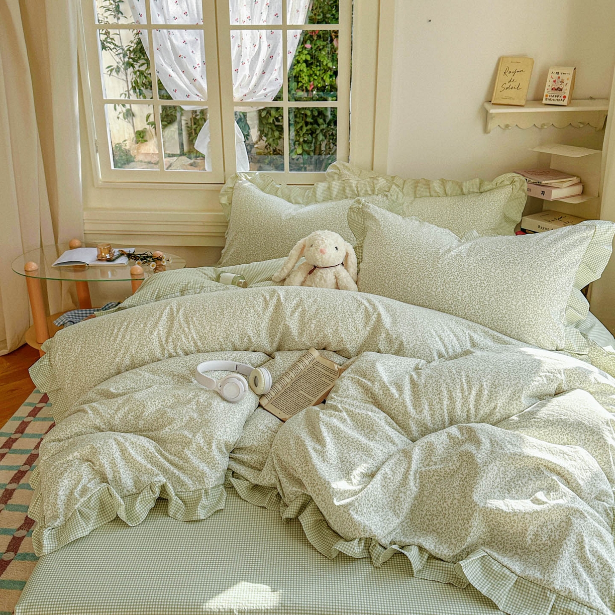 91家纺网 家纺一手货源 找家纺 金梦拉家纺 2026春夏韩版花边款小碎花古法水洗仿棉A类砂洗云小棉四件套 薄荷奶绿