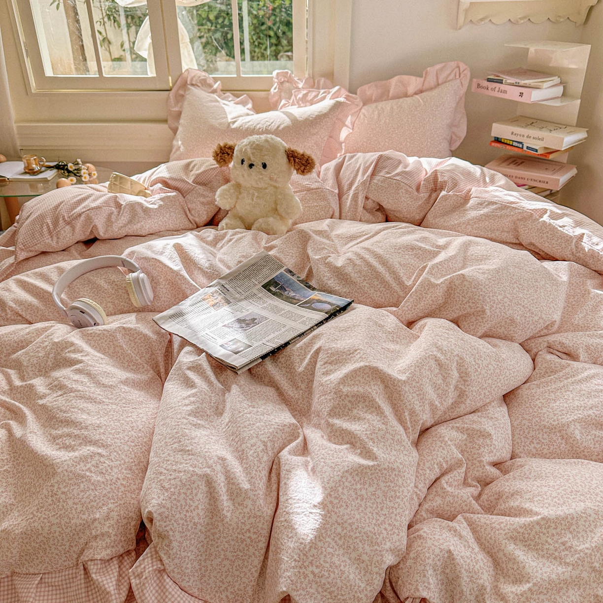 91家纺网 家纺一手货源 找家纺 金梦拉家纺 2026春夏韩版花边款小碎花古法水洗仿棉A类砂洗云小棉四件套 芝士蜜桃