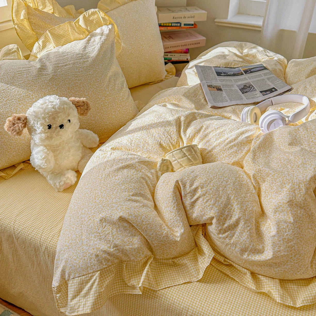 91家纺网 家纺一手货源 找家纺 金梦拉家纺 2026春夏韩版花边款小碎花古法水洗仿棉A类砂洗云小棉四件套 柠檬奶黄