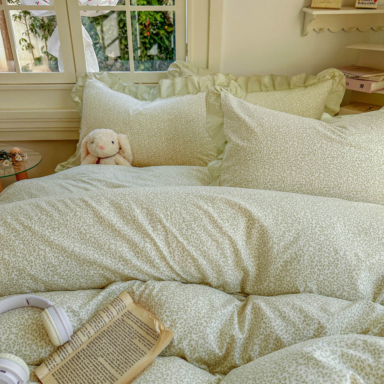 91家纺网 家纺一手货源 找家纺 金梦拉家纺 2026春夏韩版花边款小碎花古法水洗仿棉A类砂洗云小棉四件套 薄荷奶绿