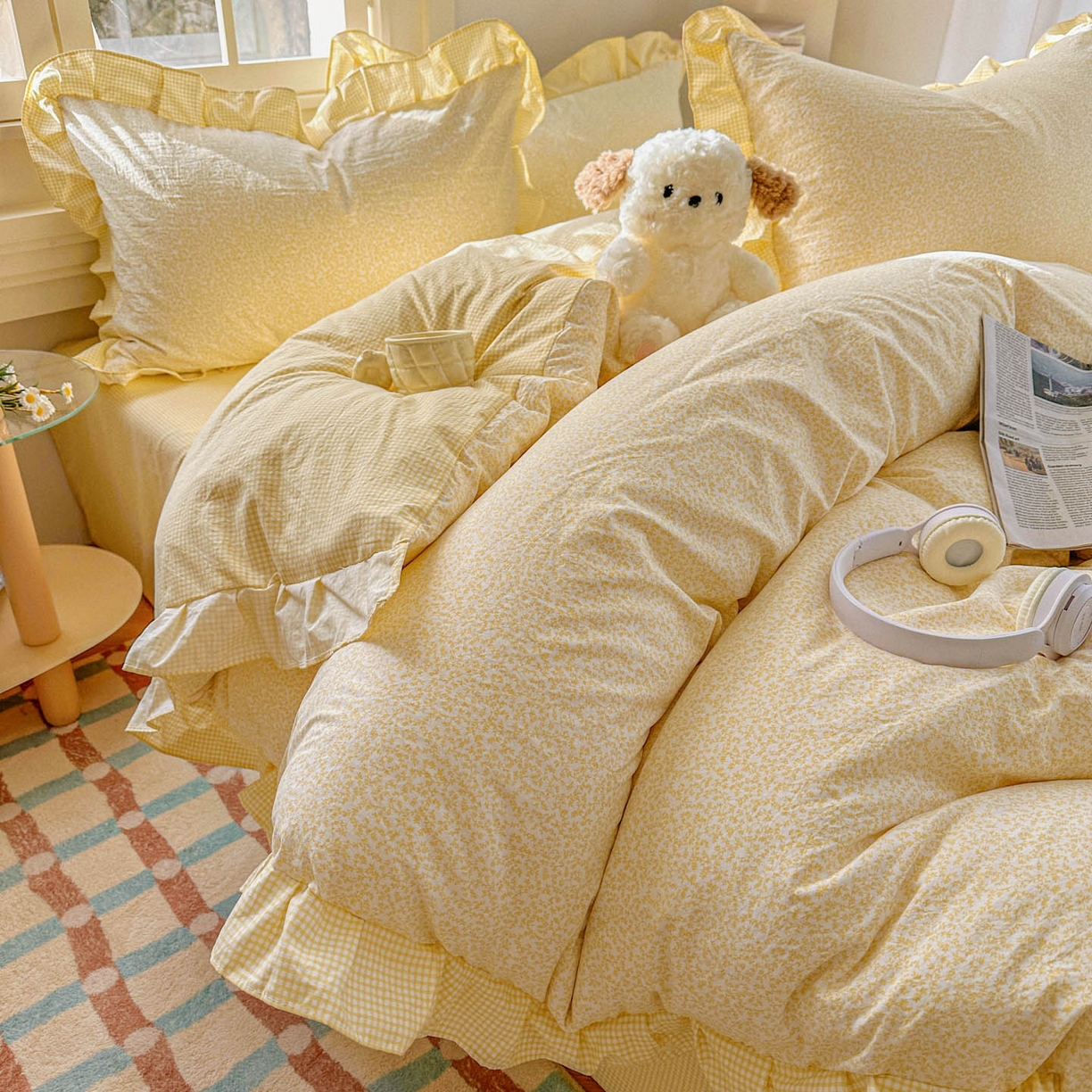 91家纺网 家纺一手货源 找家纺 金梦拉家纺 2026春夏韩版花边款小碎花古法水洗仿棉A类砂洗云小棉四件套 柠檬奶黄