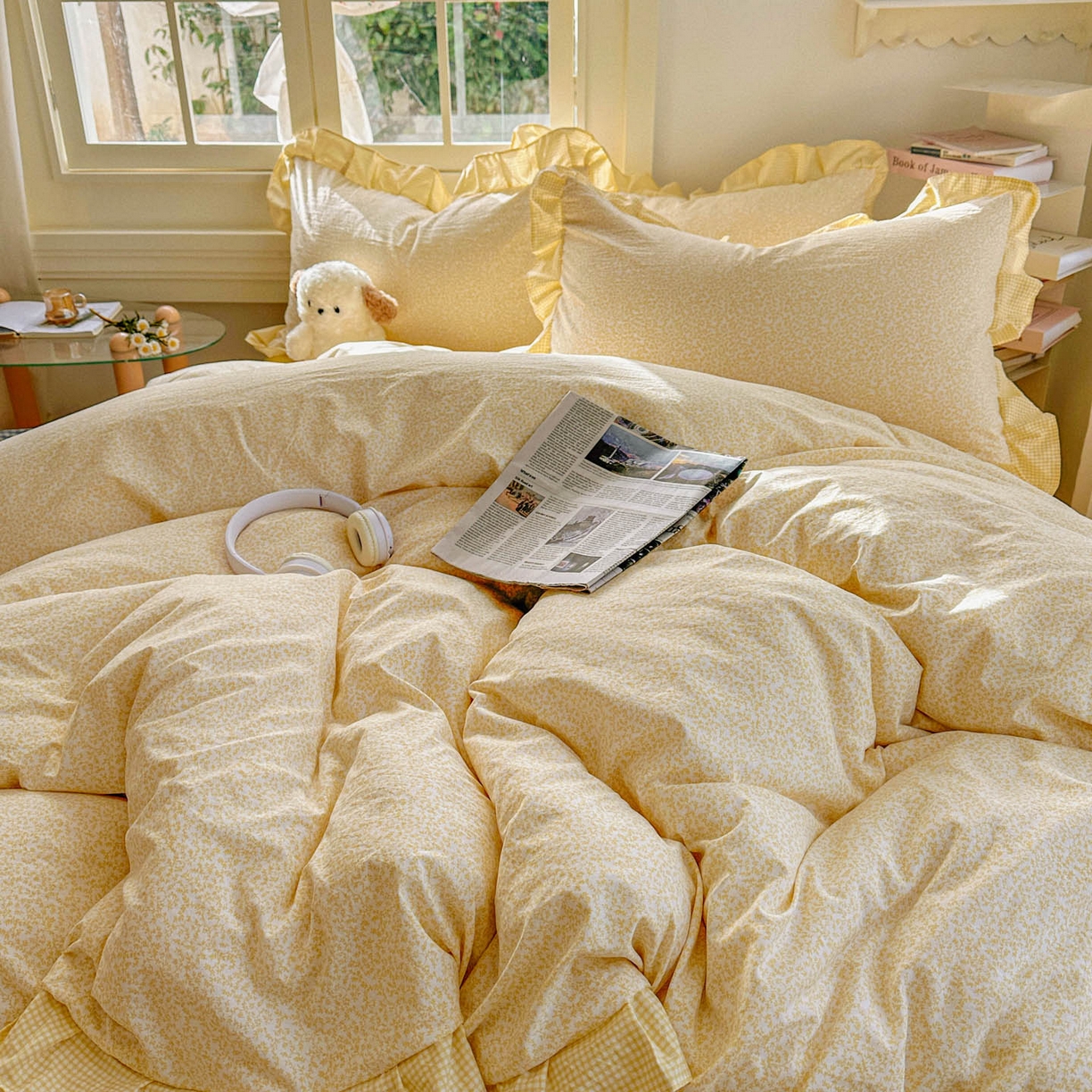 91家纺网 家纺一手货源 找家纺 金梦拉家纺 2026春夏韩版花边款小碎花古法水洗仿棉A类砂洗云小棉四件套 柠檬奶黄