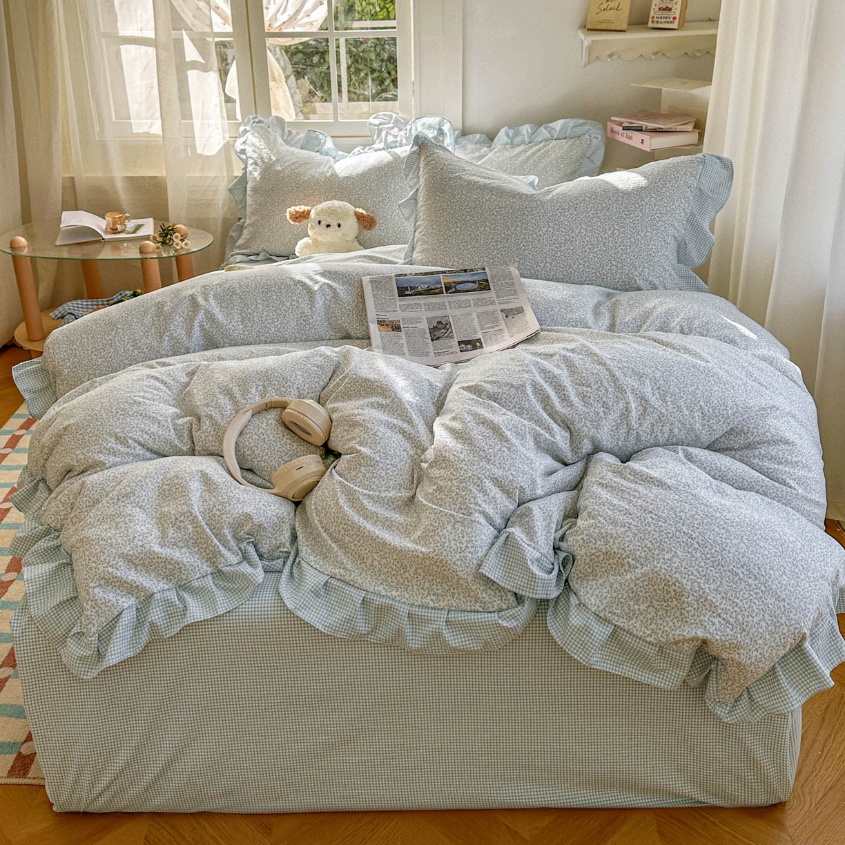 91家纺网 家纺一手货源 找家纺 金梦拉家纺 2026春夏韩版花边款小碎花古法水洗仿棉A类砂洗云小棉四件套 海盐奶蓝