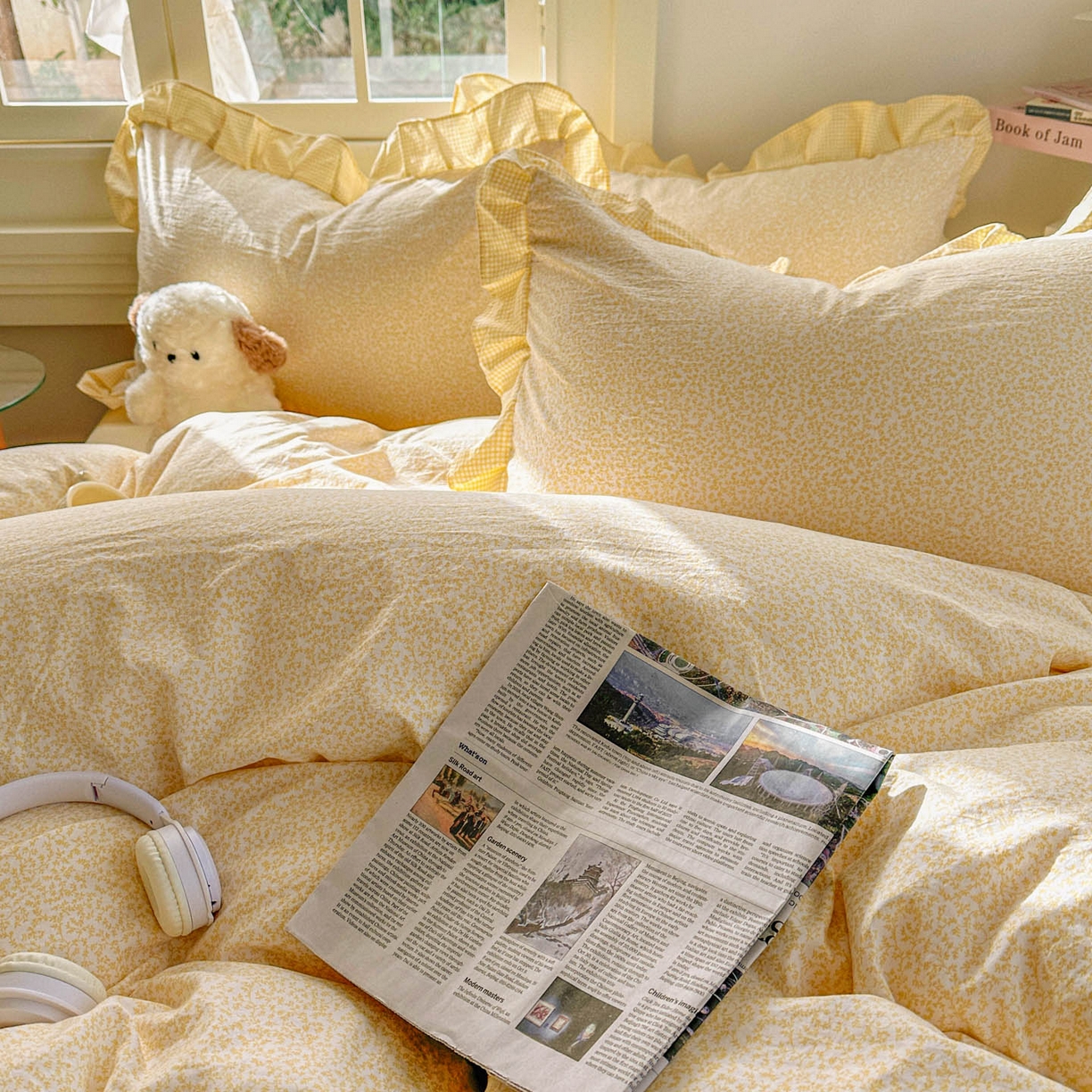 91家纺网 家纺一手货源 找家纺 金梦拉家纺 2026春夏韩版花边款小碎花古法水洗仿棉A类砂洗云小棉四件套 柠檬奶黄