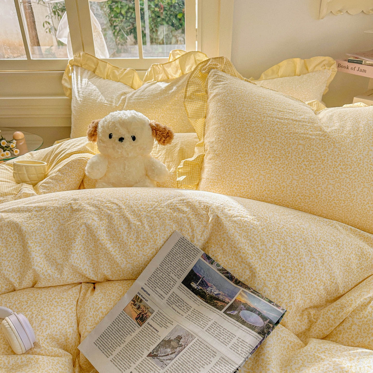 91家纺网 家纺一手货源 找家纺 金梦拉家纺 2026春夏韩版花边款小碎花古法水洗仿棉A类砂洗云小棉四件套 柠檬奶黄