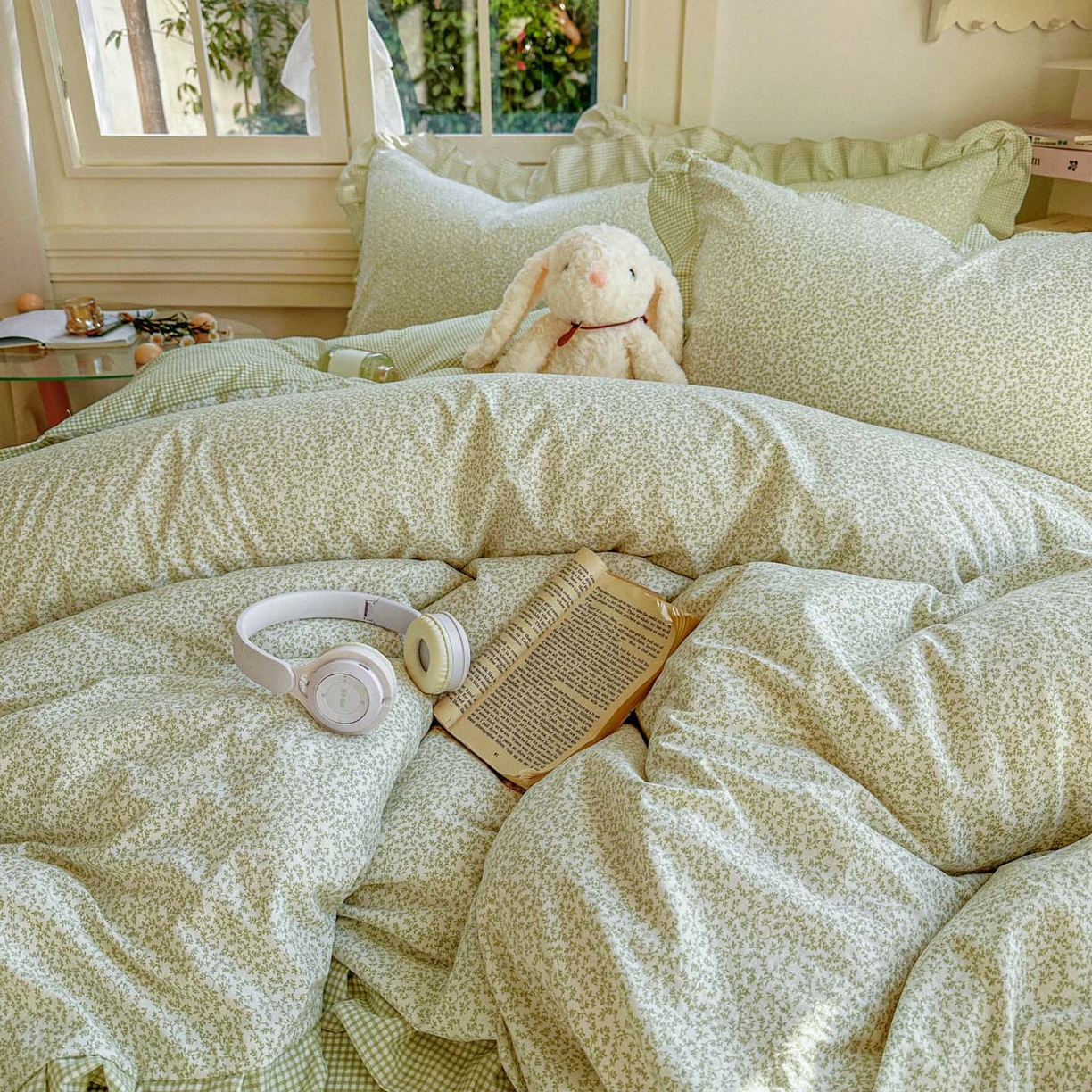 91家纺网 家纺一手货源 找家纺 金梦拉家纺 2026春夏韩版花边款小碎花古法水洗仿棉A类砂洗云小棉四件套 薄荷奶绿