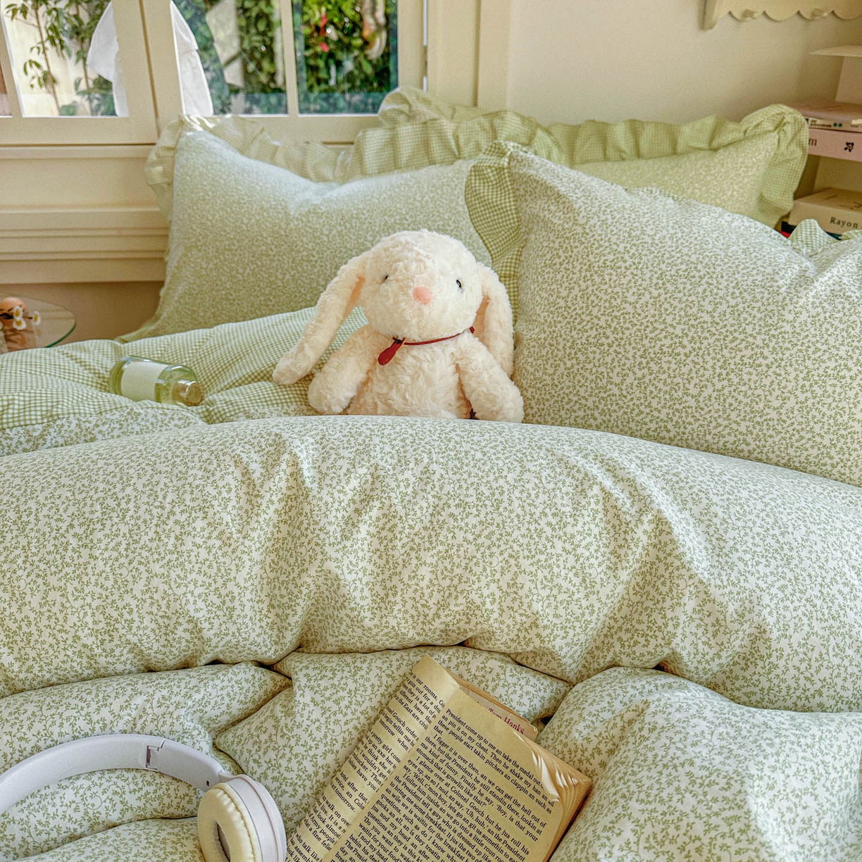 91家纺网 家纺一手货源 找家纺 金梦拉家纺 2026春夏韩版花边款小碎花古法水洗仿棉A类砂洗云小棉四件套 薄荷奶绿