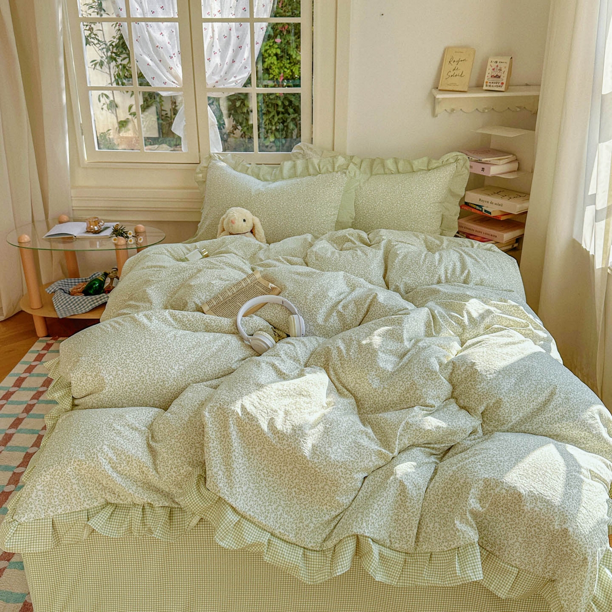 91家纺网 家纺一手货源 找家纺 金梦拉家纺 2026春夏韩版花边款小碎花古法水洗仿棉A类砂洗云小棉四件套 薄荷奶绿