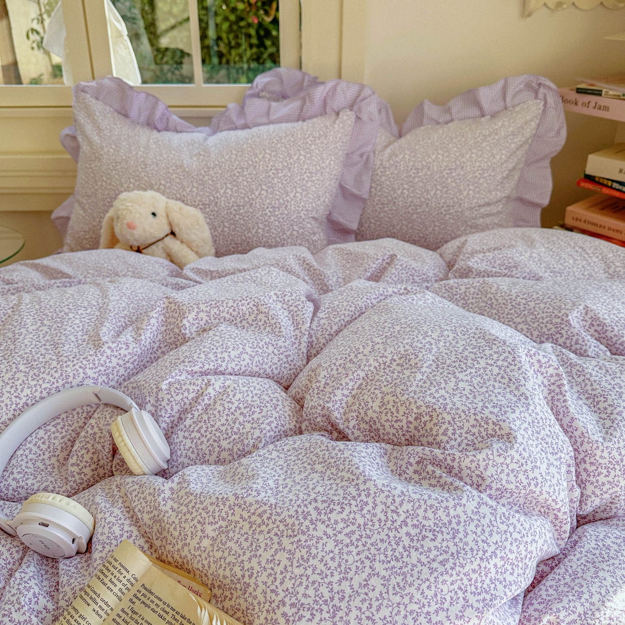 91家纺网 家纺一手货源 找家纺 金梦拉家纺 2026春夏韩版花边款小碎花古法水洗仿棉A类砂洗云小棉四件套 梦幻紫