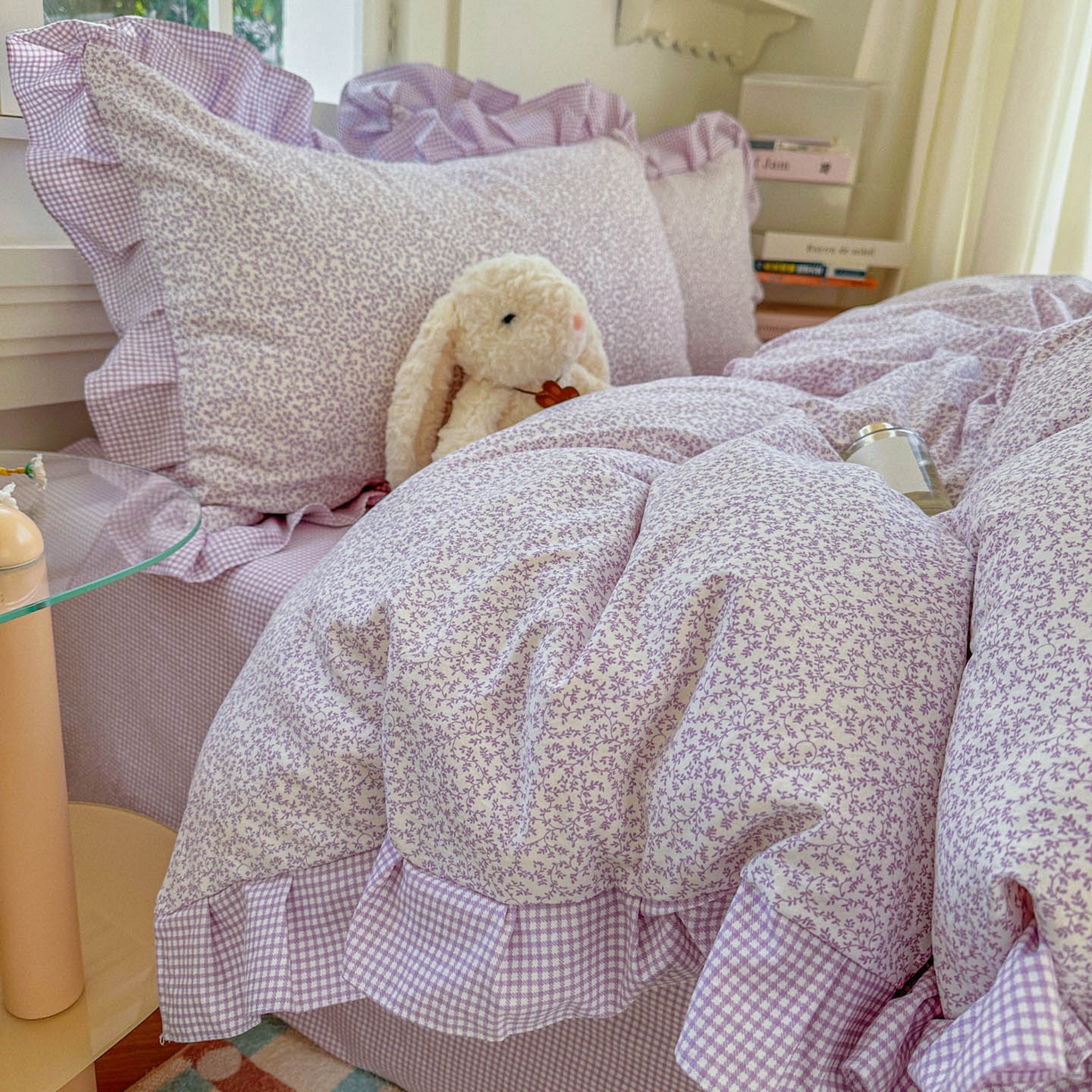 91家纺网 家纺一手货源 找家纺 金梦拉家纺 2026春夏韩版花边款小碎花古法水洗仿棉A类砂洗云小棉四件套 梦幻紫