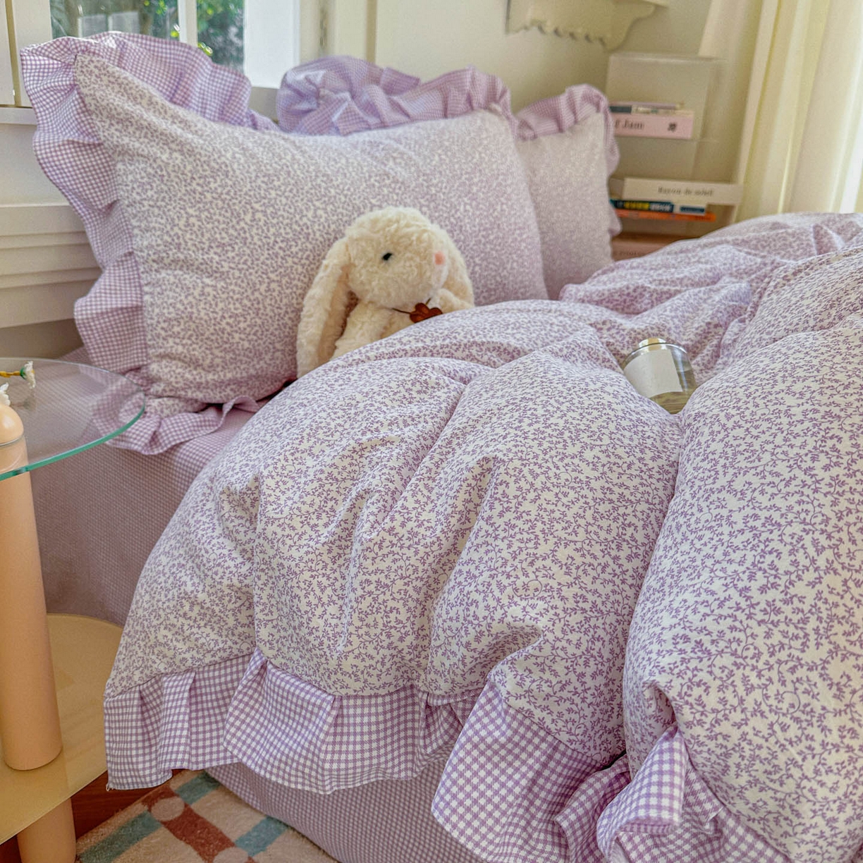 91家纺网 家纺一手货源 找家纺 金梦拉家纺 2026春夏韩版花边款小碎花古法水洗仿棉A类砂洗云小棉四件套 梦幻紫