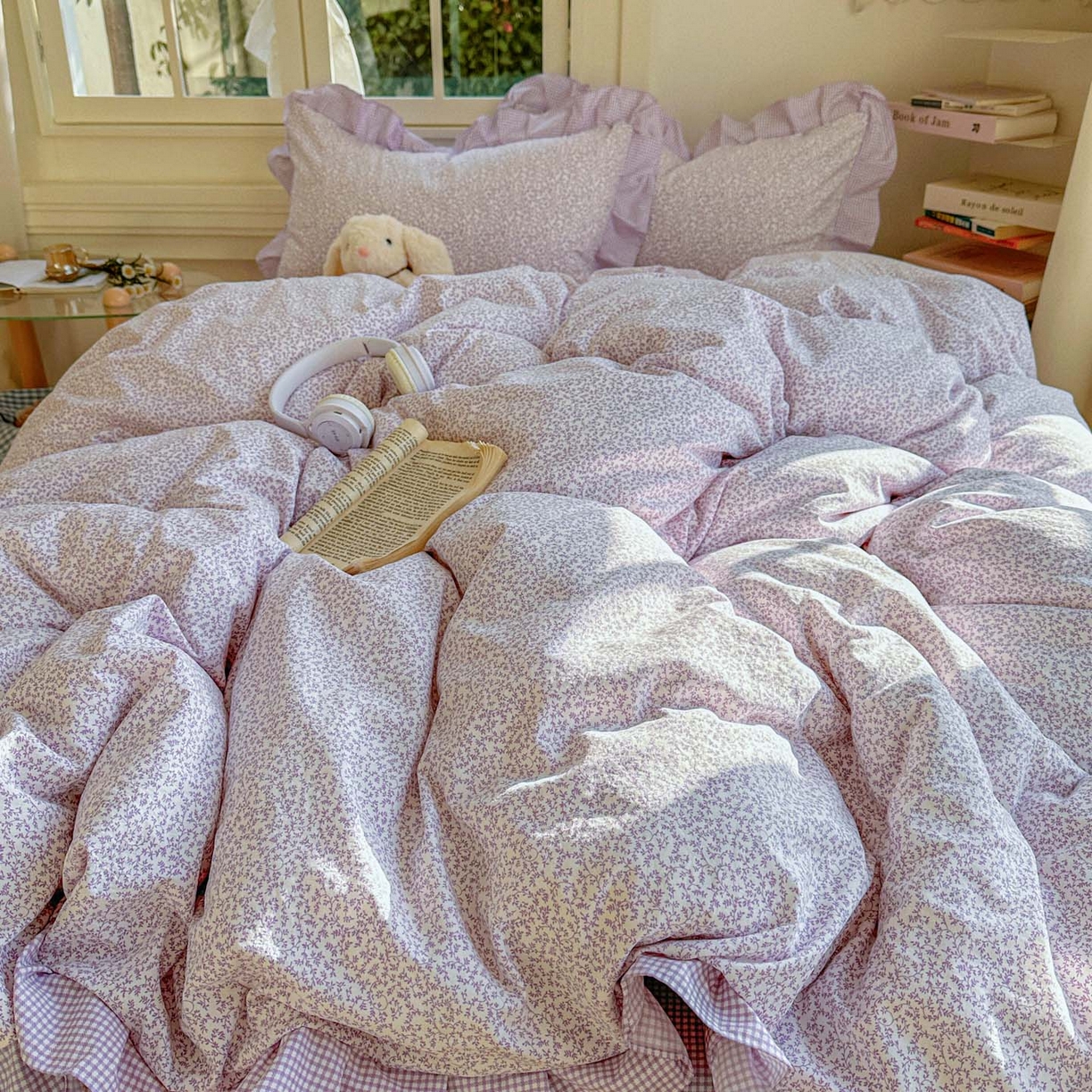 91家纺网 家纺一手货源 找家纺 金梦拉家纺 2026春夏韩版花边款小碎花古法水洗仿棉A类砂洗云小棉四件套 梦幻紫