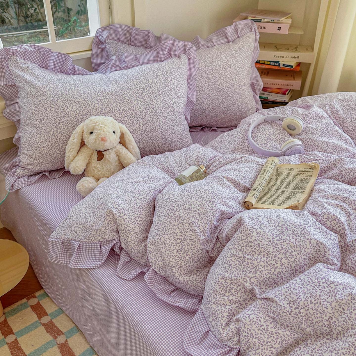 91家纺网 家纺一手货源 找家纺 金梦拉家纺 2026春夏韩版花边款小碎花古法水洗仿棉A类砂洗云小棉四件套 梦幻紫