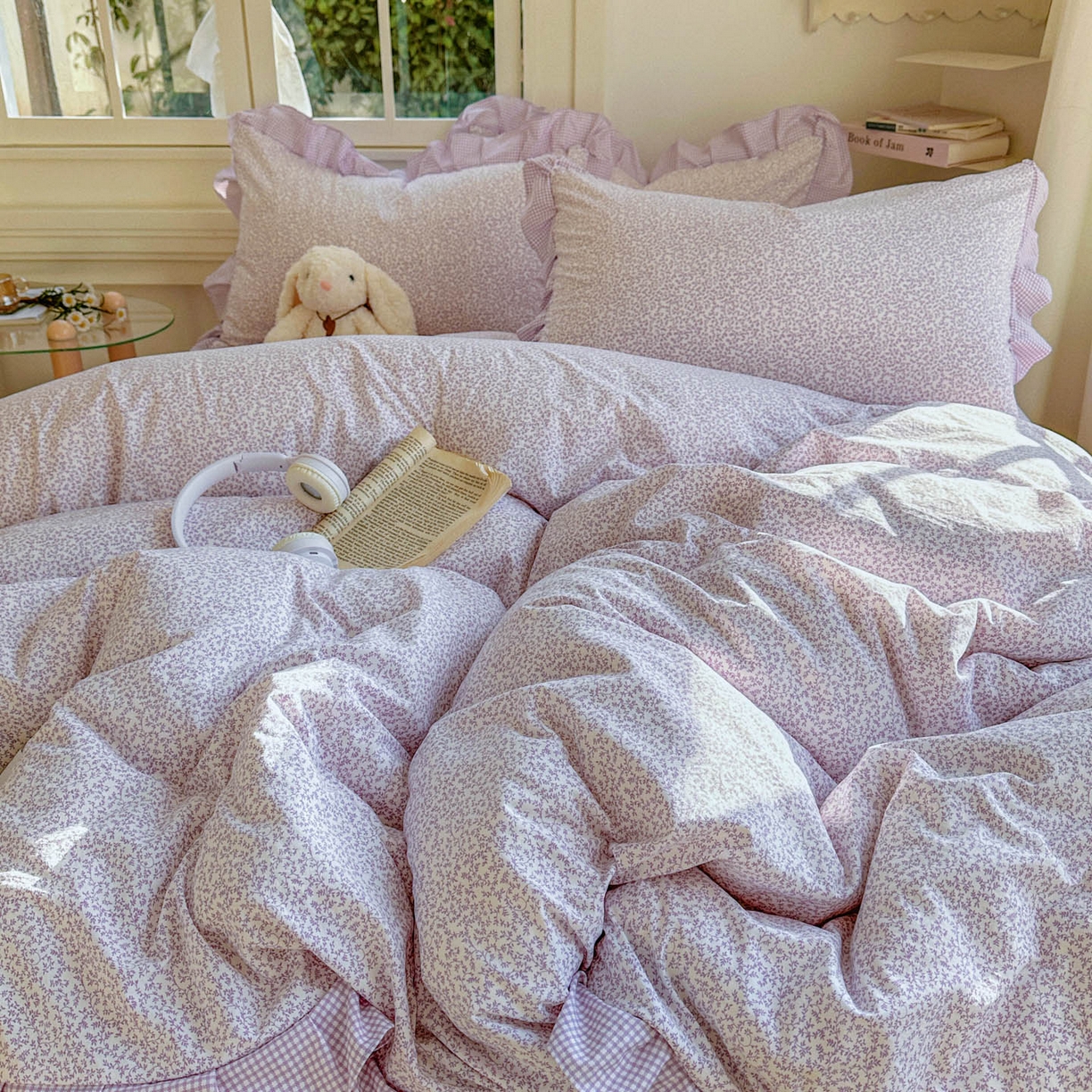 91家纺网 家纺一手货源 找家纺 金梦拉家纺 2026春夏韩版花边款小碎花古法水洗仿棉A类砂洗云小棉四件套 梦幻紫