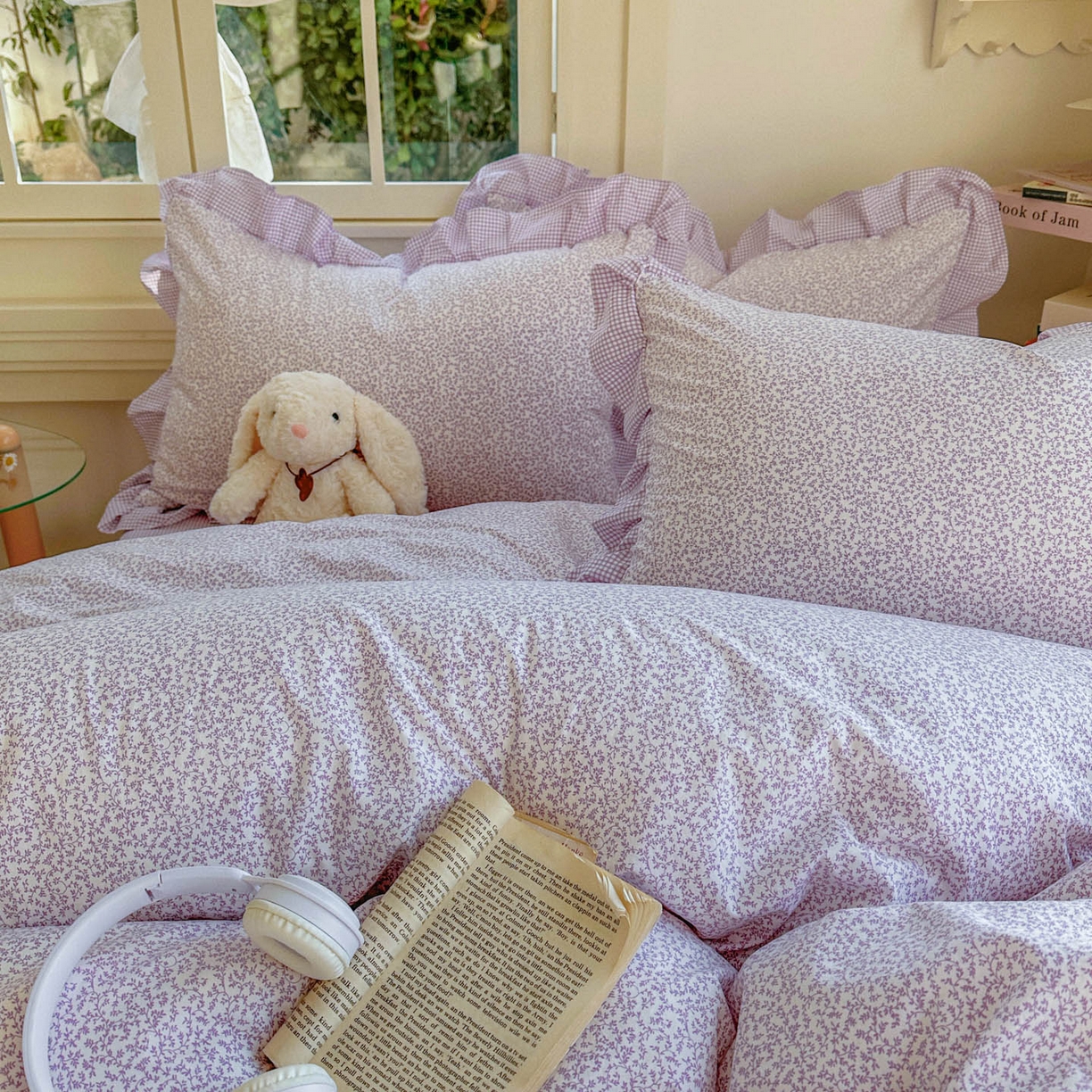 91家纺网 家纺一手货源 找家纺 金梦拉家纺 2026春夏韩版花边款小碎花古法水洗仿棉A类砂洗云小棉四件套 梦幻紫