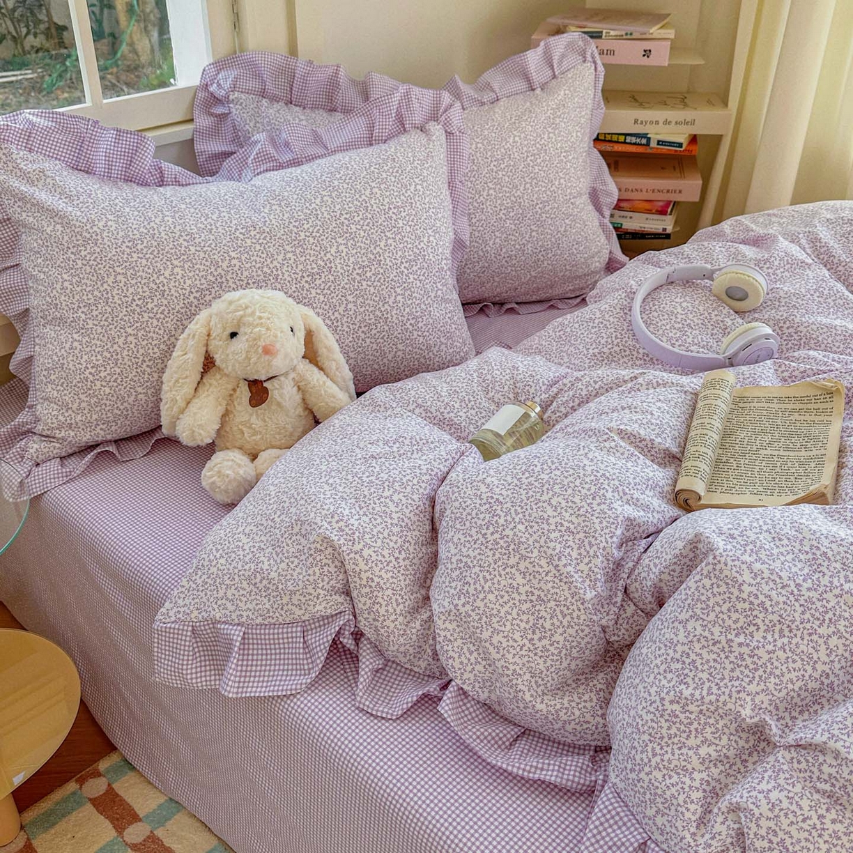 91家纺网 家纺一手货源 找家纺 金梦拉家纺 2026春夏韩版花边款小碎花古法水洗仿棉A类砂洗云小棉四件套 梦幻紫