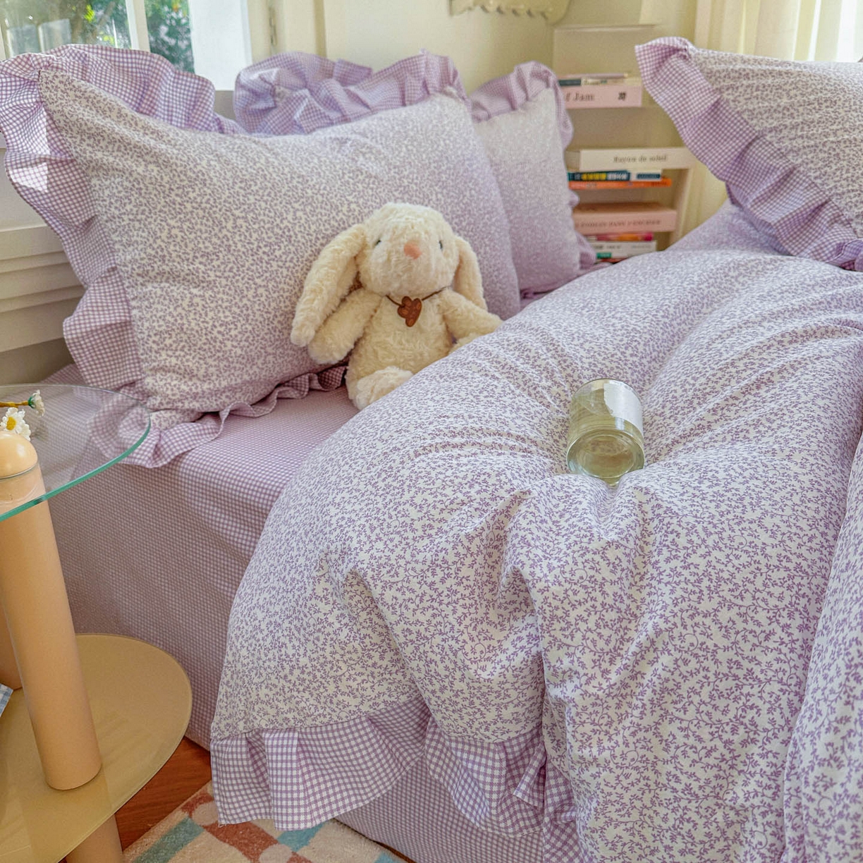 91家纺网 家纺一手货源 找家纺 金梦拉家纺 2026春夏韩版花边款小碎花古法水洗仿棉A类砂洗云小棉四件套 梦幻紫