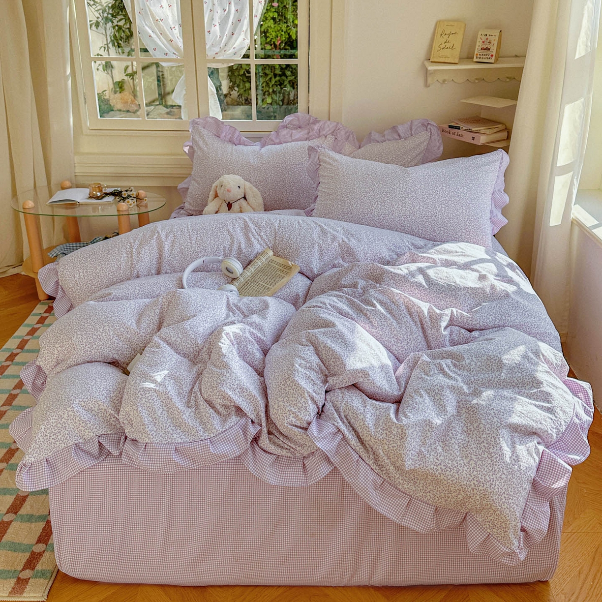 91家纺网 家纺一手货源 找家纺 金梦拉家纺 2026春夏韩版花边款小碎花古法水洗仿棉A类砂洗云小棉四件套 梦幻紫