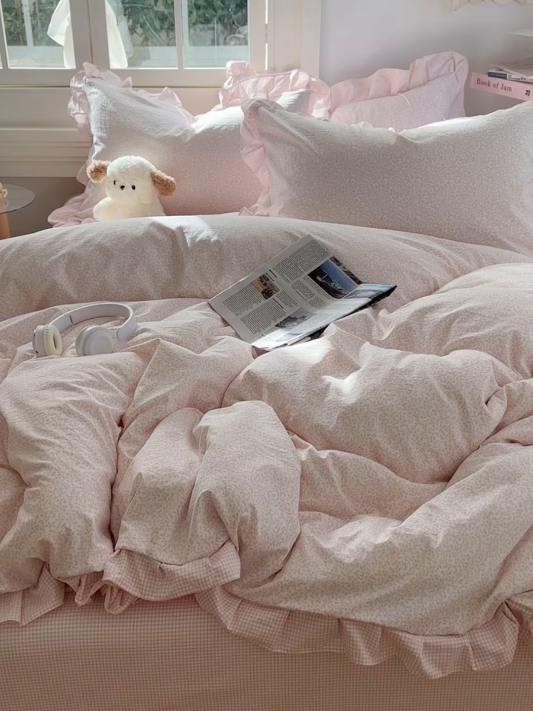 91家纺网 家纺一手货源 找家纺 金梦拉家纺 2026春夏韩版花边款小碎花古法水洗仿棉A类砂洗云小棉四件套 芝士蜜桃