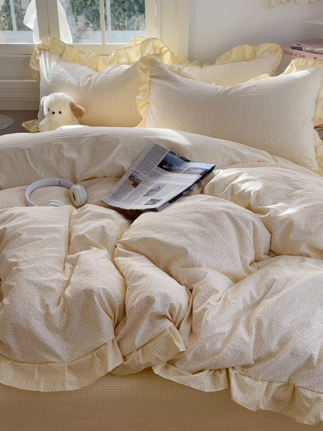 91家纺网 家纺一手货源 找家纺 金梦拉家纺 2026春夏韩版花边款小碎花古法水洗仿棉A类砂洗云小棉四件套 柠檬奶黄