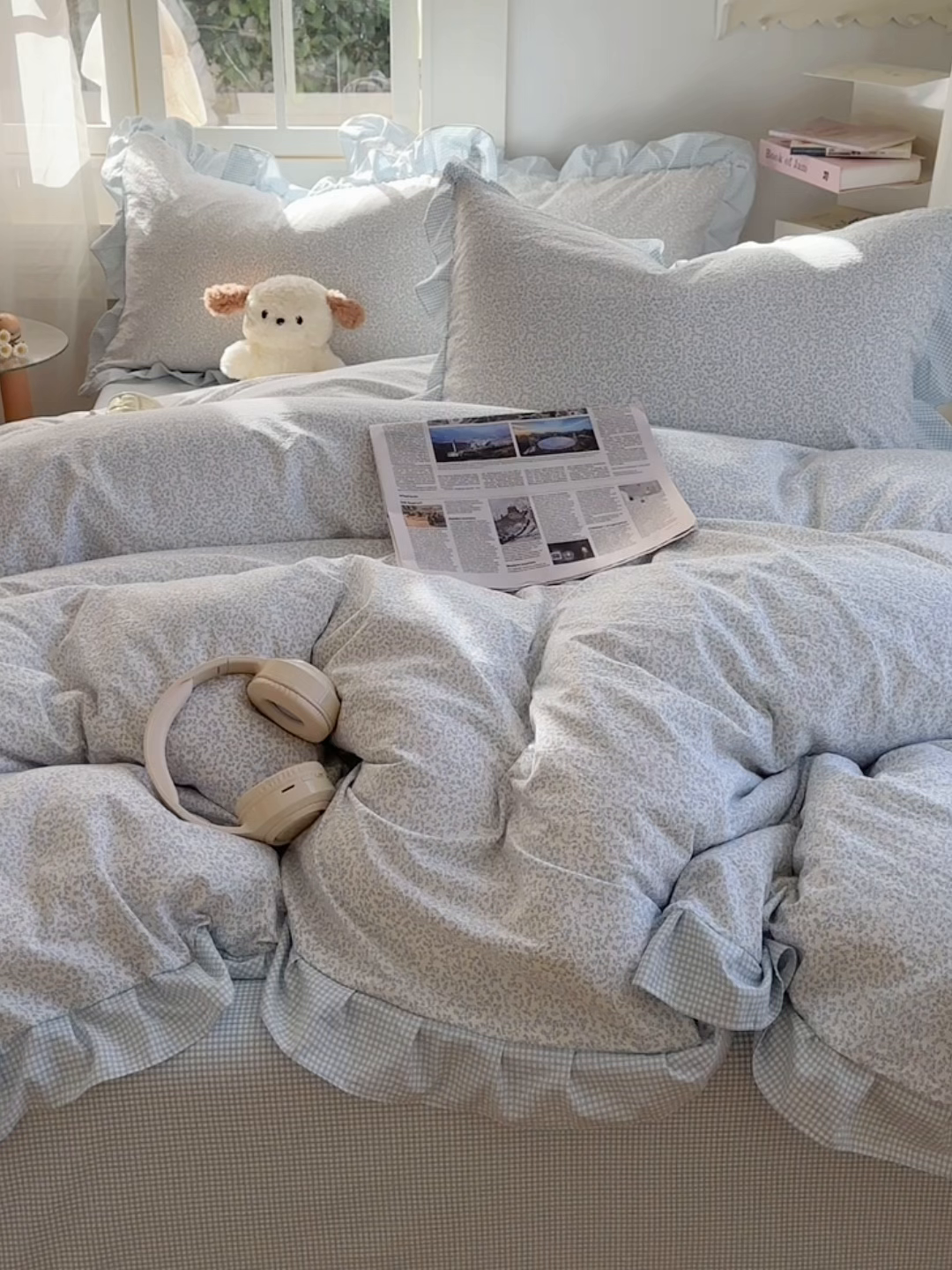 91家纺网 家纺一手货源 找家纺 金梦拉家纺 2026春夏韩版花边款小碎花古法水洗仿棉A类砂洗云小棉四件套 海盐奶蓝