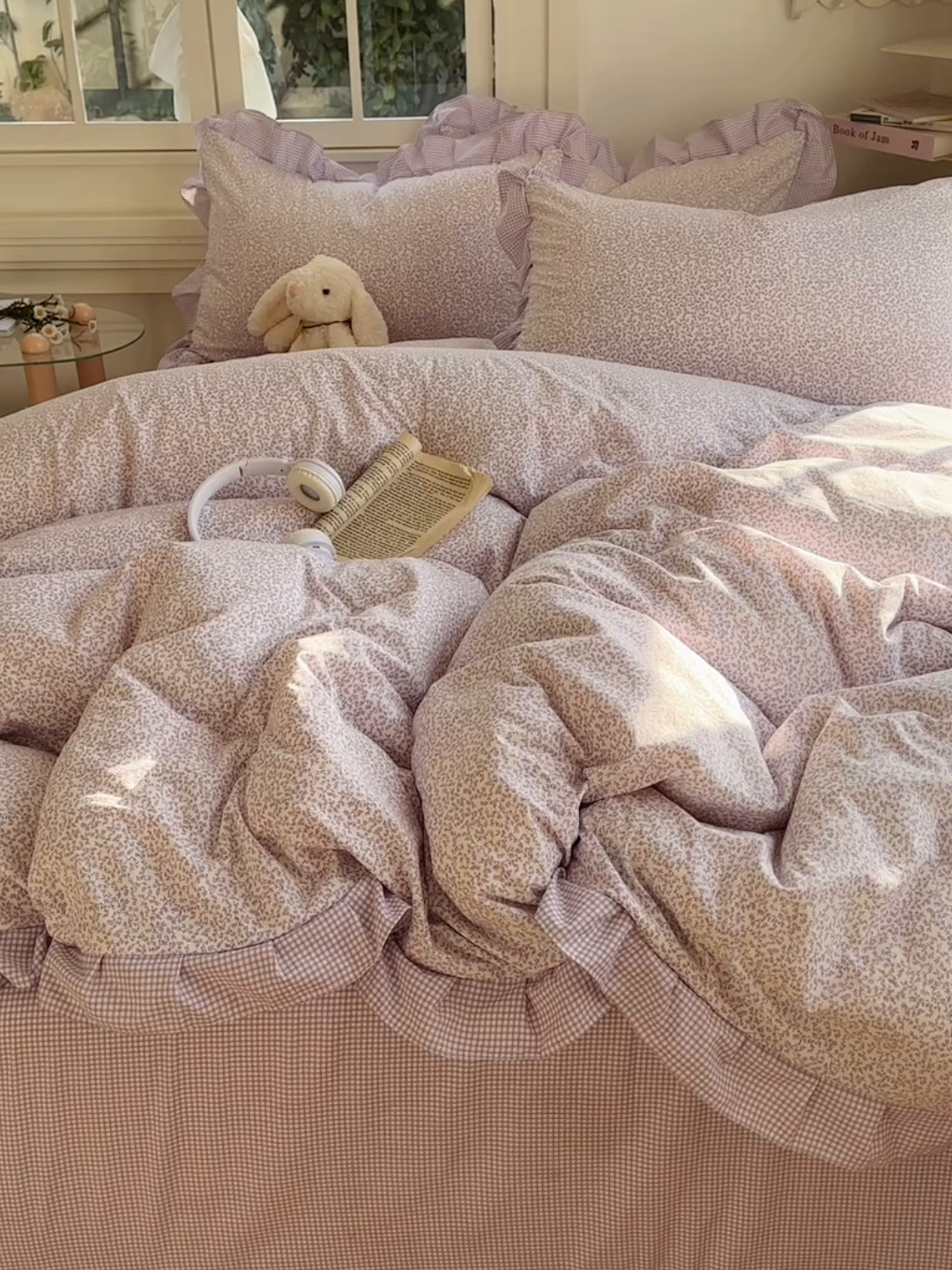 91家纺网 家纺一手货源 找家纺 金梦拉家纺 2026春夏韩版花边款小碎花古法水洗仿棉A类砂洗云小棉四件套 梦幻紫