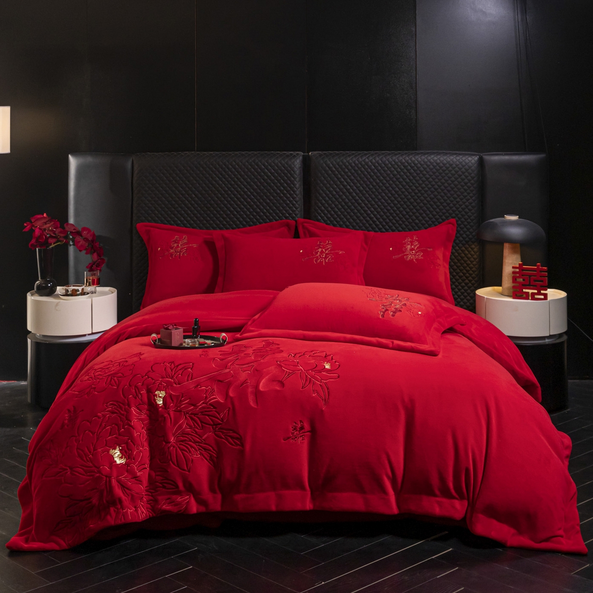 91家纺网 家纺一手货源 找家纺 （总）帝王家纺 2025新款加厚保暖牛奶绒婚庆刺绣四件套珊瑚绒红色结婚床品