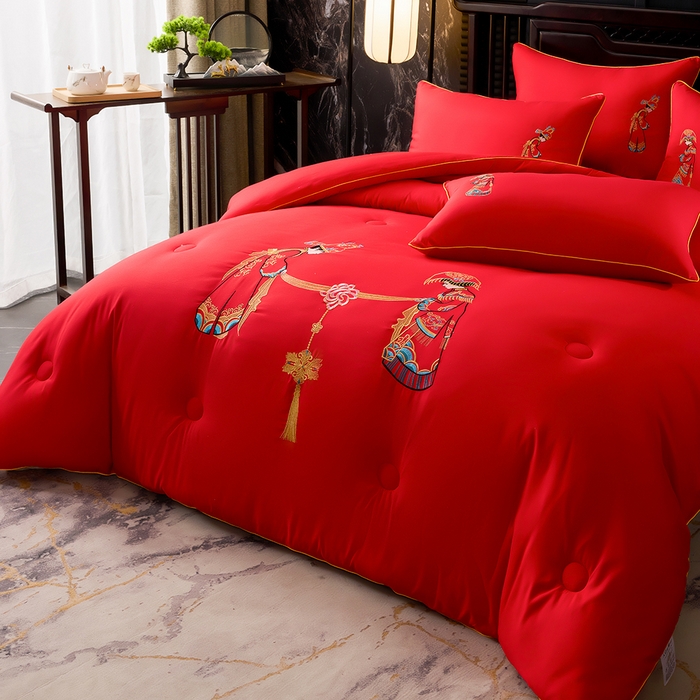 91家纺网 家纺一手货源 找家纺 啊雅家居 2026新款结婚大红套装被芯床垫枕芯大豆棉 新婚被芯