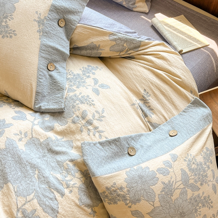 91家纺网 家纺一手货源 找家纺 爱彼家纺 2025四季款亲水洗麻亚麻皱皱纱四件套-纽扣款-提供买家秀 兰亭序