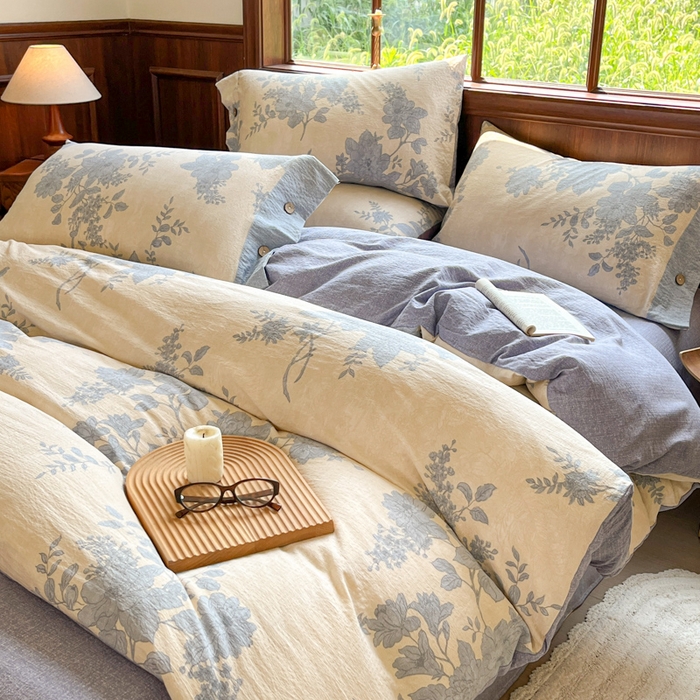 91家纺网 家纺一手货源 找家纺 爱彼家纺 2025四季款亲水洗麻亚麻皱皱纱四件套-纽扣款-提供买家秀 兰亭序