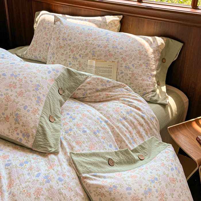 91家纺网 家纺一手货源 找家纺 爱彼家纺 2025四季款亲水洗麻亚麻皱皱纱四件套-纽扣款-提供买家秀 清茉