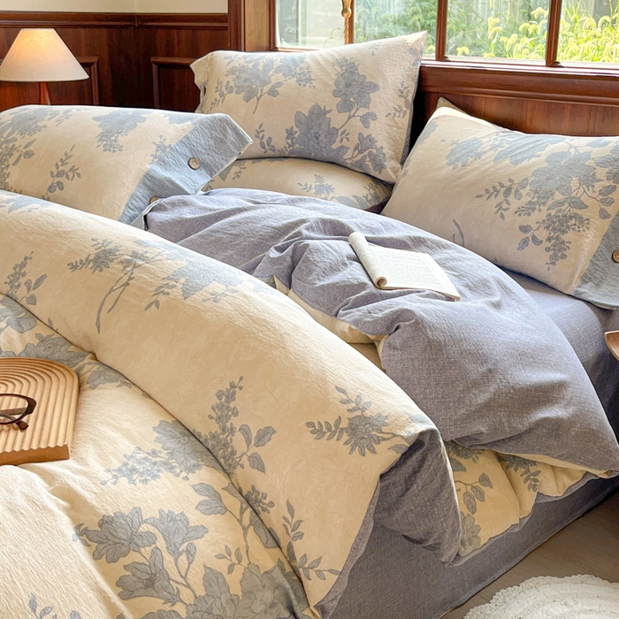 91家纺网 家纺一手货源 找家纺 爱彼家纺 2025四季款亲水洗麻亚麻皱皱纱四件套-纽扣款-提供买家秀 兰亭序