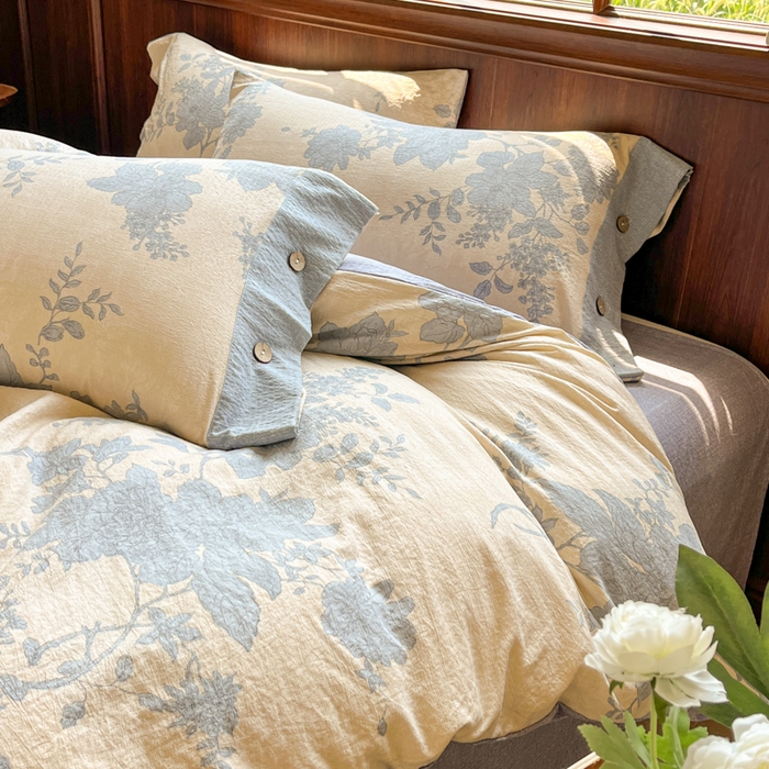 91家纺网 家纺一手货源 找家纺 爱彼家纺 2025四季款亲水洗麻亚麻皱皱纱四件套-纽扣款-提供买家秀 兰亭序