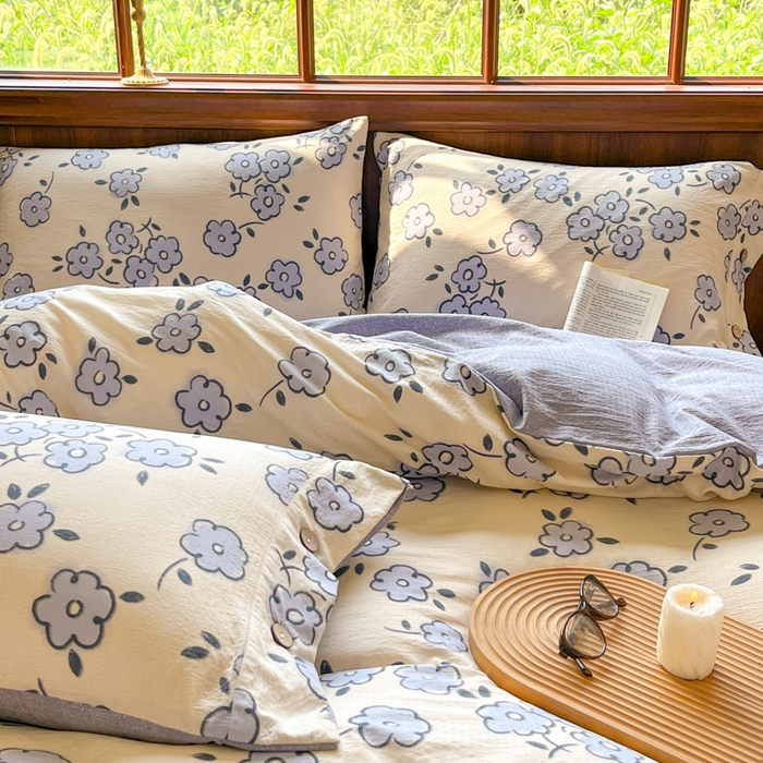 91家纺网 家纺一手货源 找家纺 爱彼家纺 2025四季款亲水洗麻亚麻皱皱纱四件套-纽扣款-提供买家秀 素韵花兰