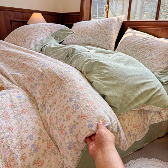 91家纺网 家纺一手货源 找家纺 爱彼家纺 2025四季款亲水洗麻亚麻皱皱纱四件套-纽扣款-提供买家秀 清茉