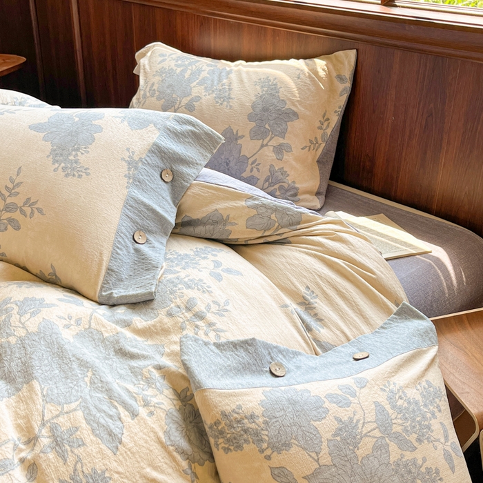 91家纺网 家纺一手货源 找家纺 爱彼家纺 2025四季款亲水洗麻亚麻皱皱纱四件套-纽扣款-提供买家秀 兰亭序