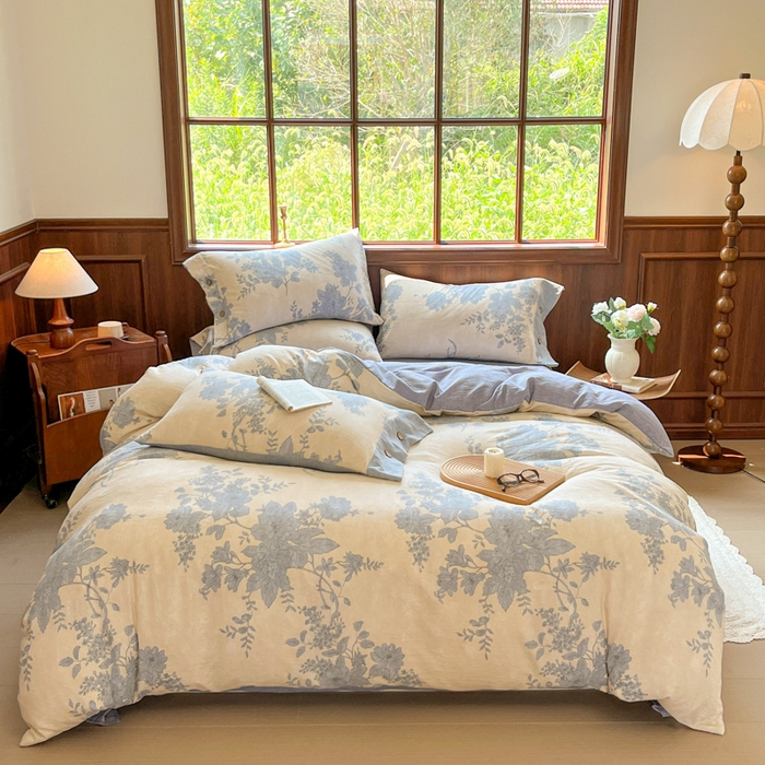 91家纺网 家纺一手货源 找家纺 爱彼家纺 2025四季款亲水洗麻亚麻皱皱纱四件套-纽扣款-提供买家秀 兰亭序