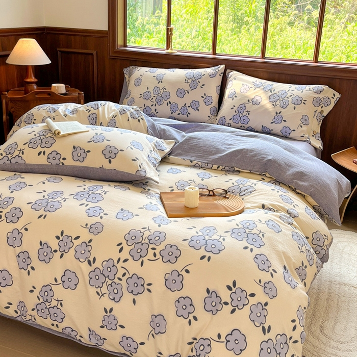 91家纺网 家纺一手货源 找家纺 爱彼家纺 2025四季款亲水洗麻亚麻皱皱纱四件套-纽扣款-提供买家秀 素韵花兰