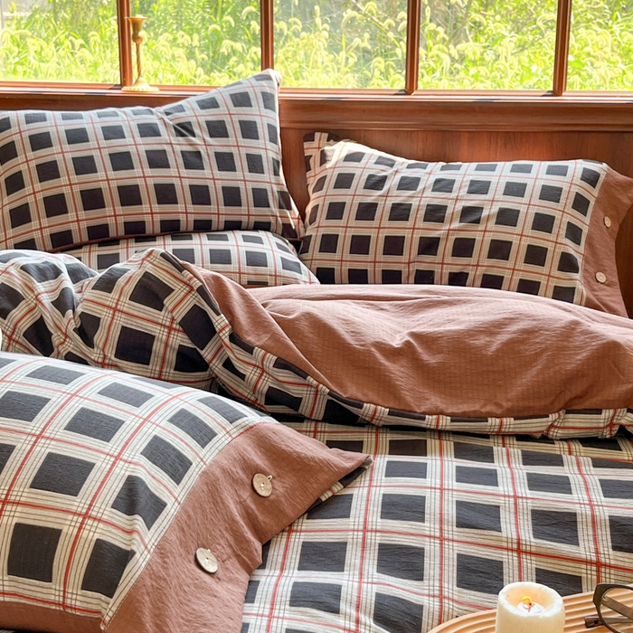 91家纺网 家纺一手货源 找家纺 爱彼家纺 2025四季款亲水洗麻亚麻皱皱纱四件套-纽扣款-提供买家秀 素简格