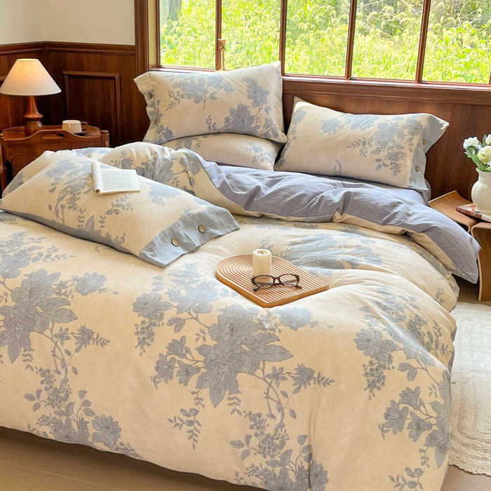 91家纺网 家纺一手货源 找家纺 爱彼家纺 2025四季款亲水洗麻亚麻皱皱纱四件套-纽扣款-提供买家秀 兰亭序