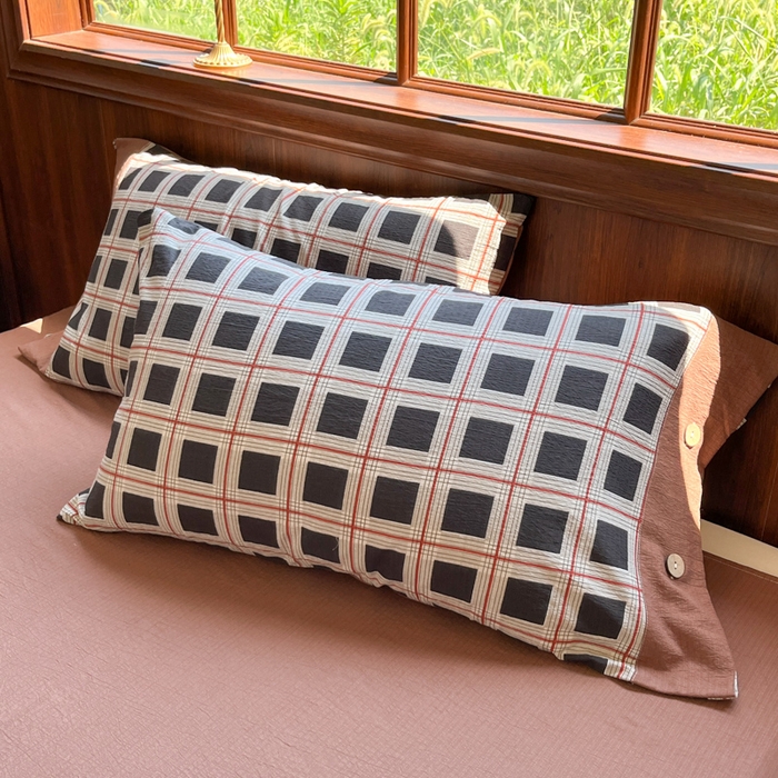 91家纺网 家纺一手货源 找家纺 爱彼家纺 2025四季款亲水洗麻亚麻皱皱纱四件套-纽扣款-提供买家秀 素简格