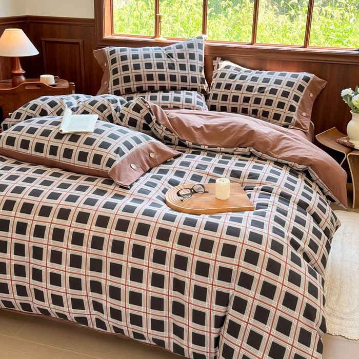 91家纺网 家纺一手货源 找家纺 爱彼家纺 2025四季款亲水洗麻亚麻皱皱纱四件套-纽扣款-提供买家秀 素简格