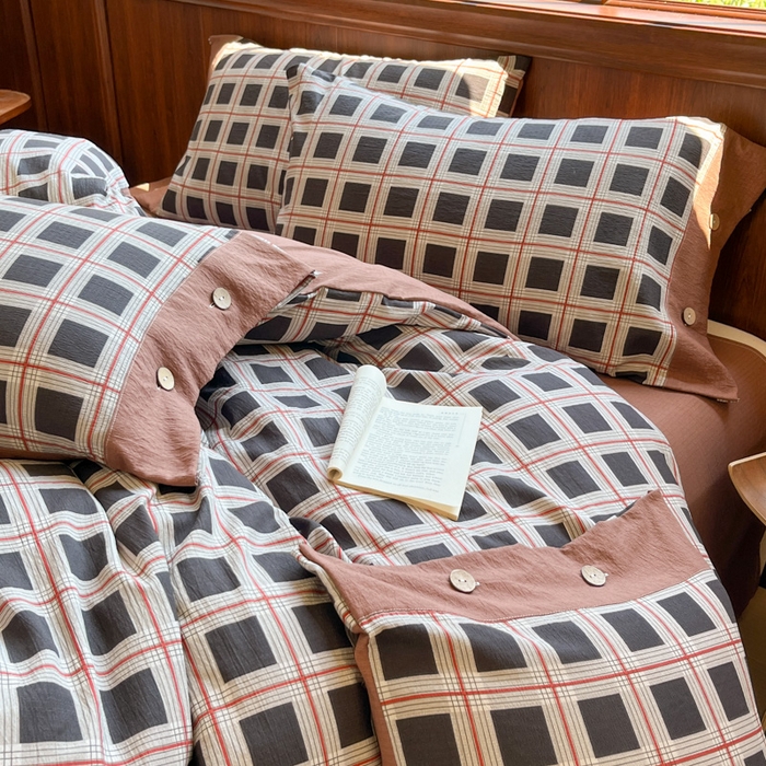 91家纺网 家纺一手货源 找家纺 爱彼家纺 2025四季款亲水洗麻亚麻皱皱纱四件套-纽扣款-提供买家秀 素简格