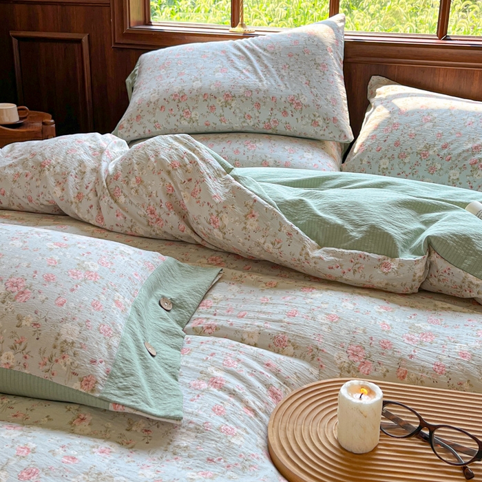 91家纺网 家纺一手货源 找家纺 爱彼家纺 2025四季款亲水洗麻亚麻皱皱纱四件套-纽扣款-提供买家秀 花似锦绿