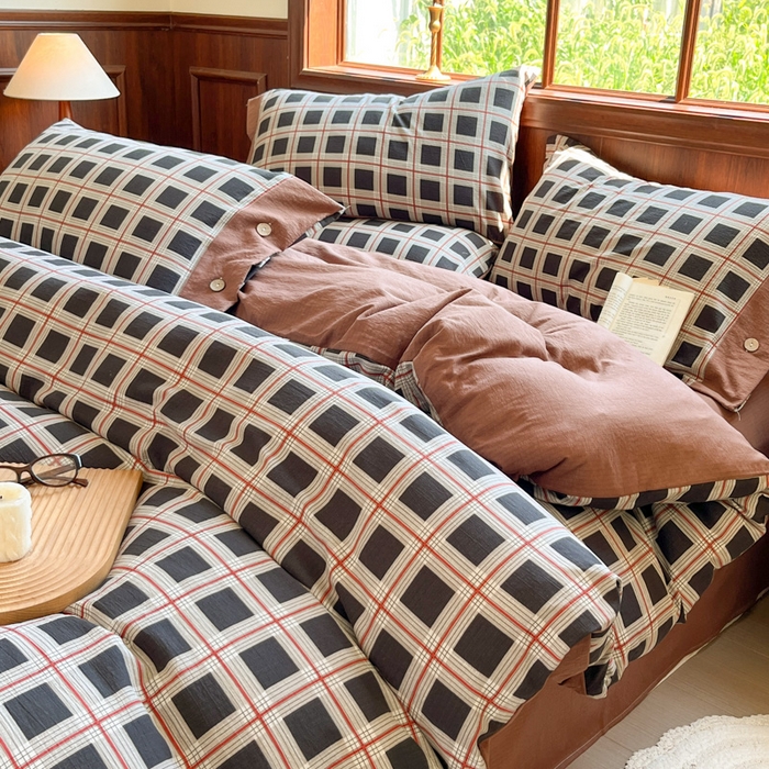 91家纺网 家纺一手货源 找家纺 爱彼家纺 2025四季款亲水洗麻亚麻皱皱纱四件套-纽扣款-提供买家秀 素简格